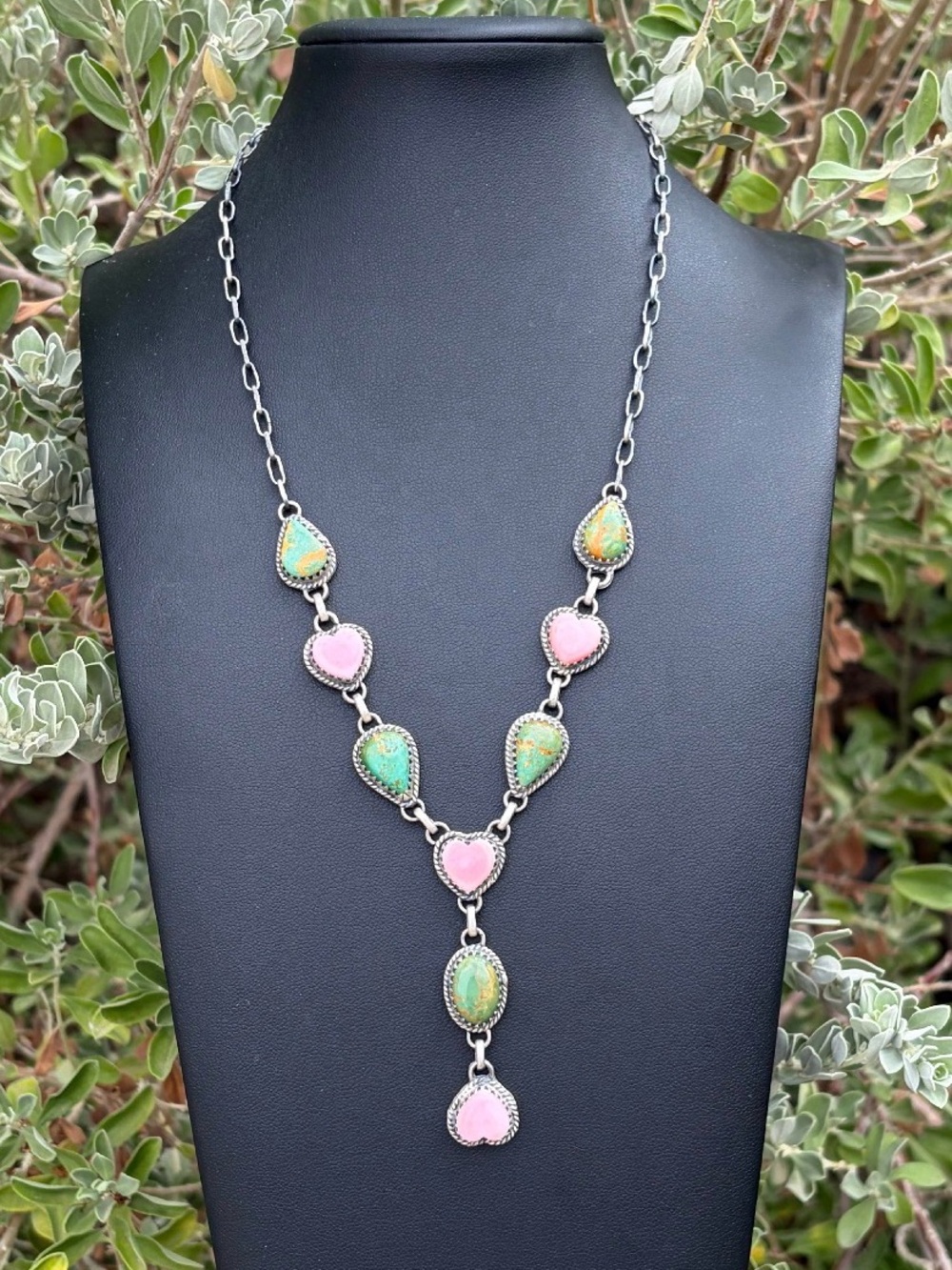 Cute Pink Conch Heart & Green Lariat Necklace 925 Silver Handmade
